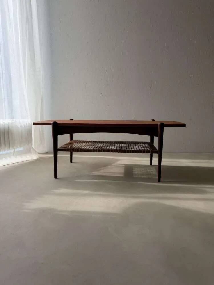 Vintage Creafort coffee table 1960s teak with rattan magazine shelf