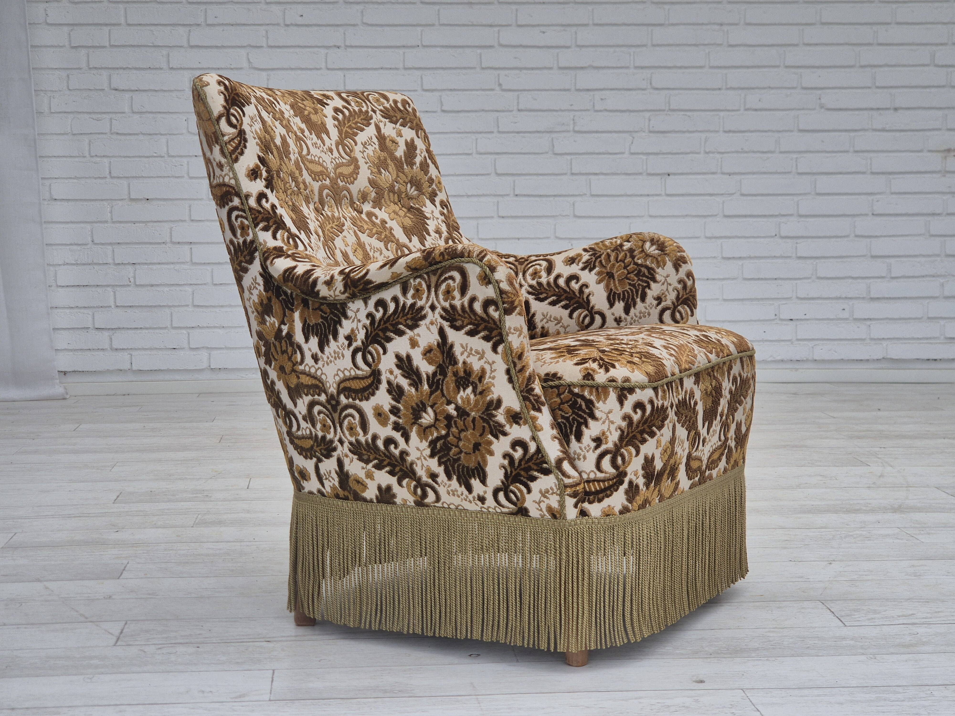 1960s, Danish armchair, furniture velour fabric, ash wood.