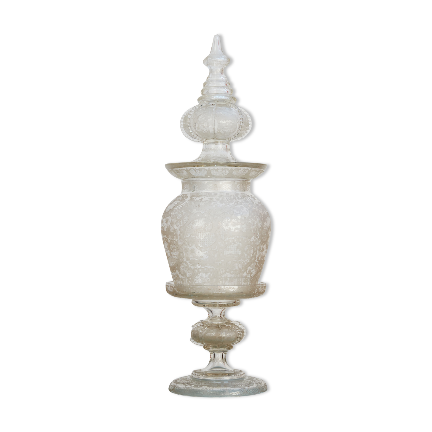 Very large glass punch vase engraved on pedestal, eighteenth