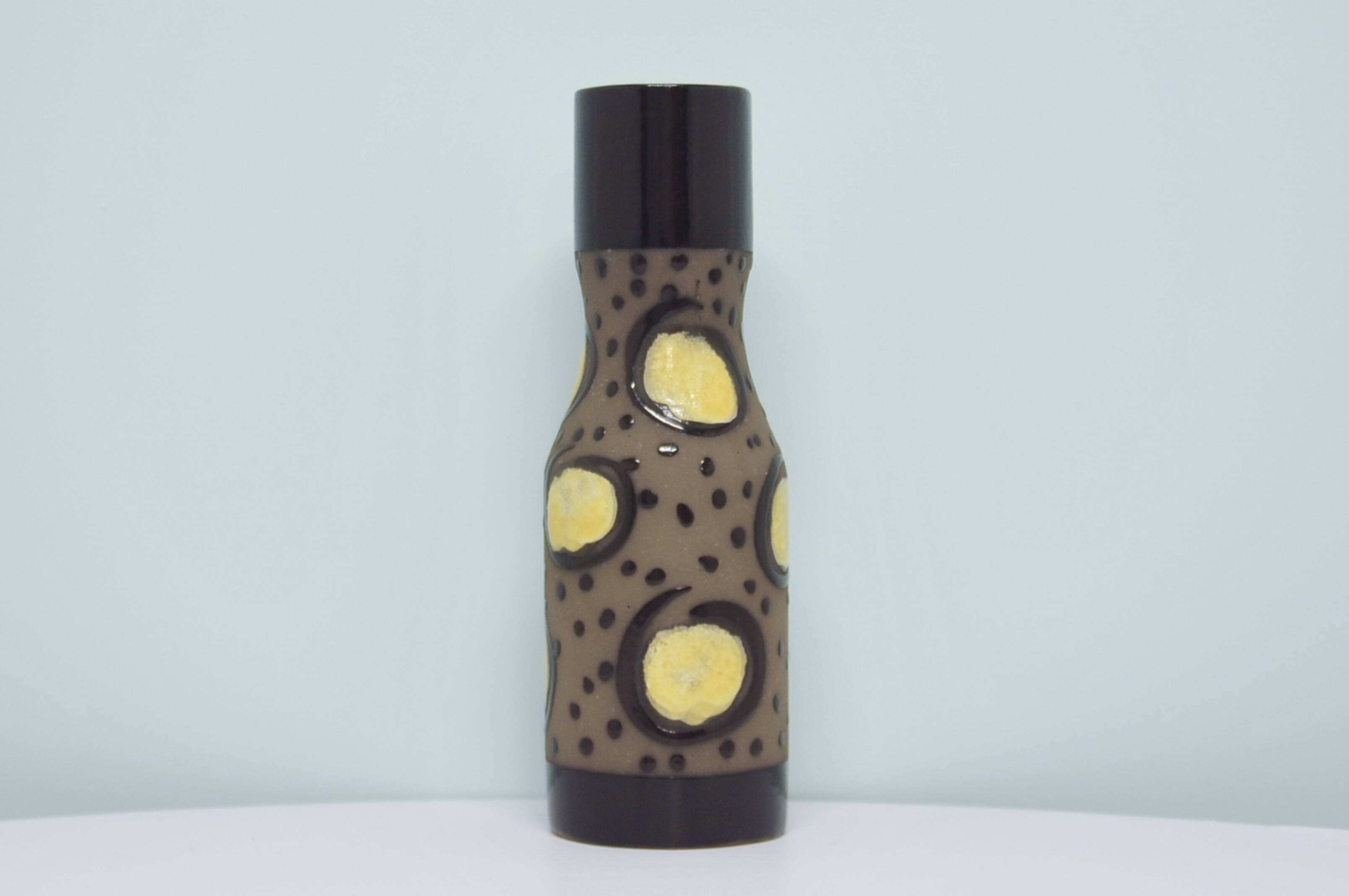 Vintage brown & yellow polka dot narrow vase strehla