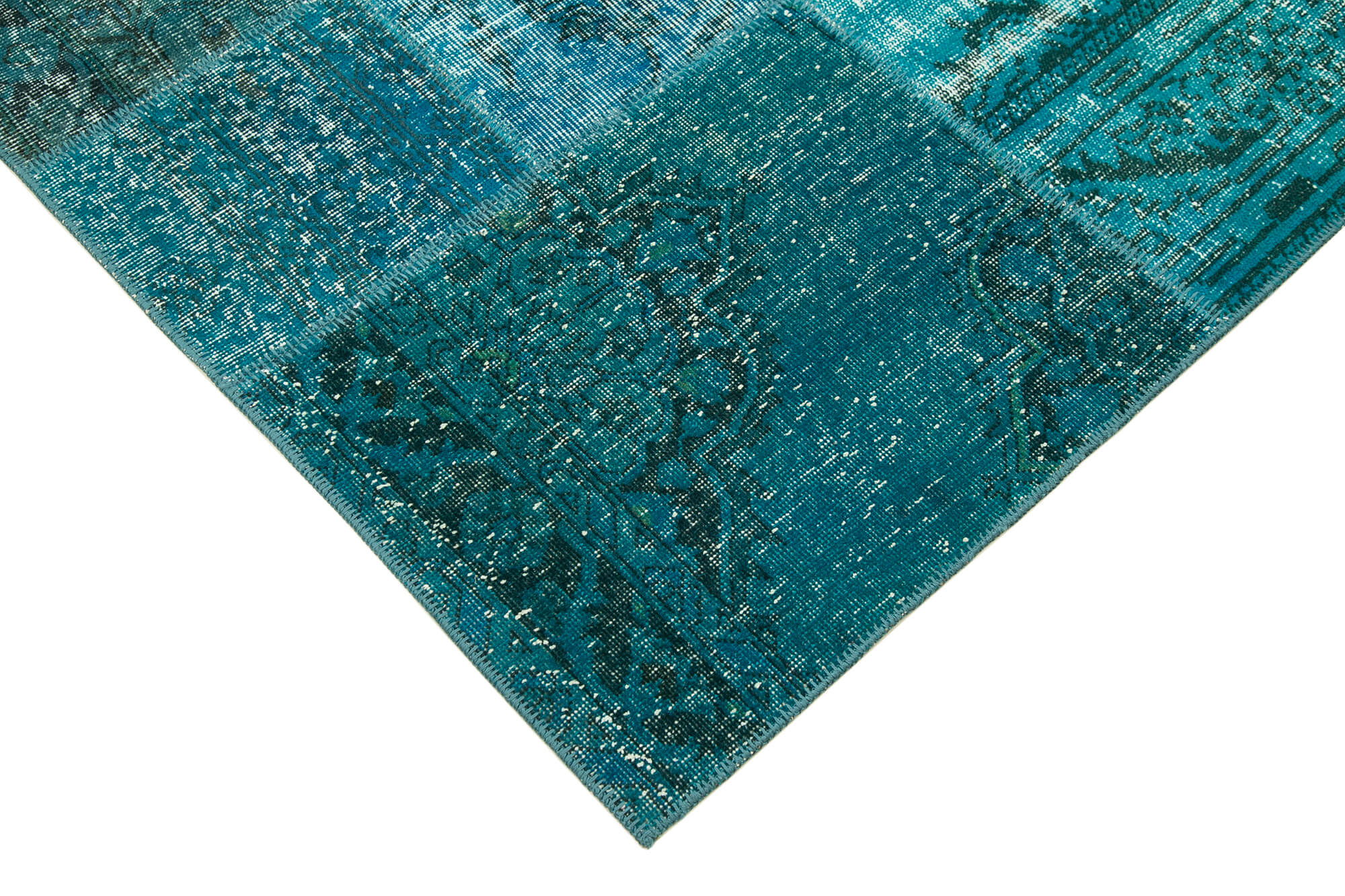 Handwoven oriental overdyed 171 cm x 244 cm turquoise patchwork rug