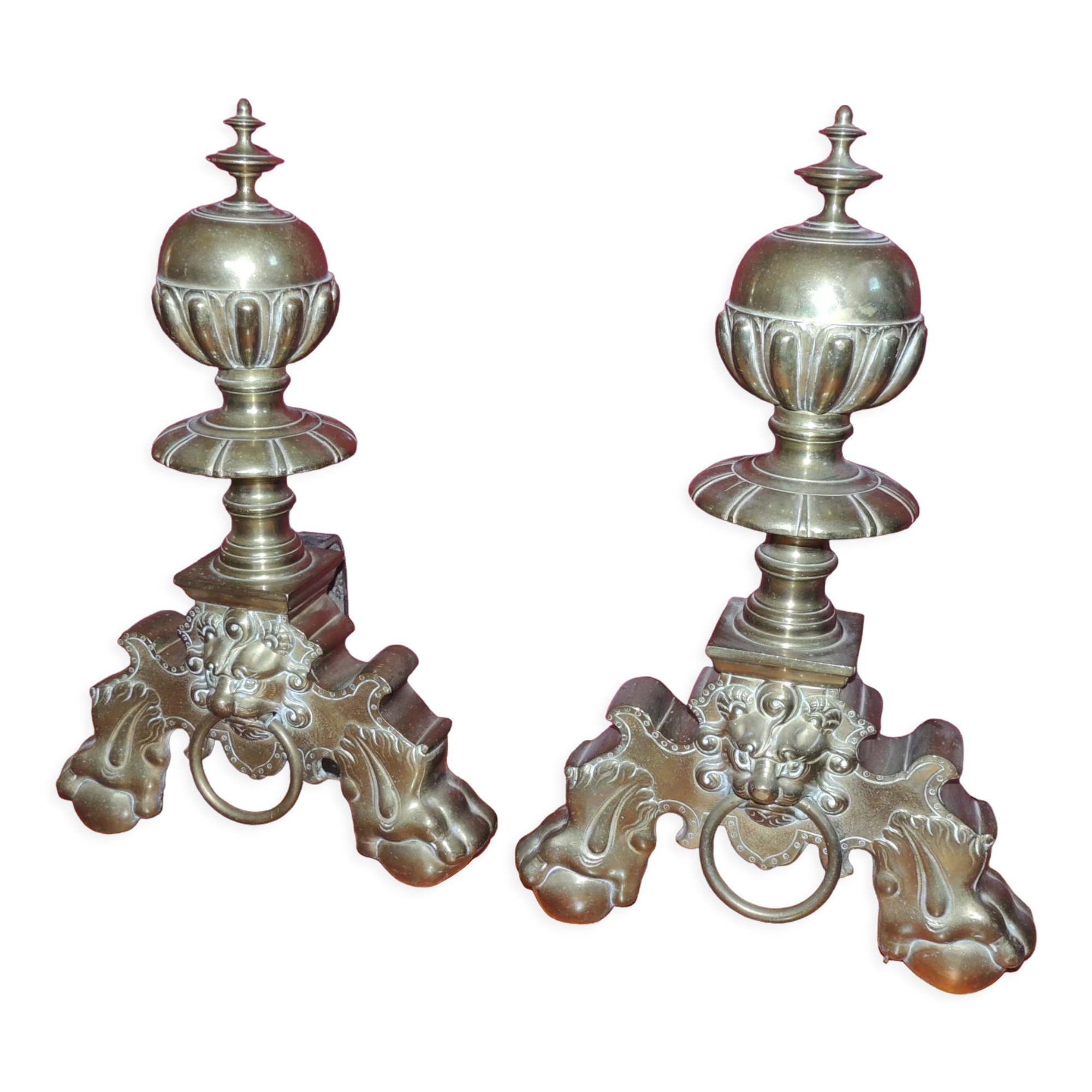 ANCIENNE PAIRE DE Chenets En Bronze Décor Mufles De Lion EUR 30,00