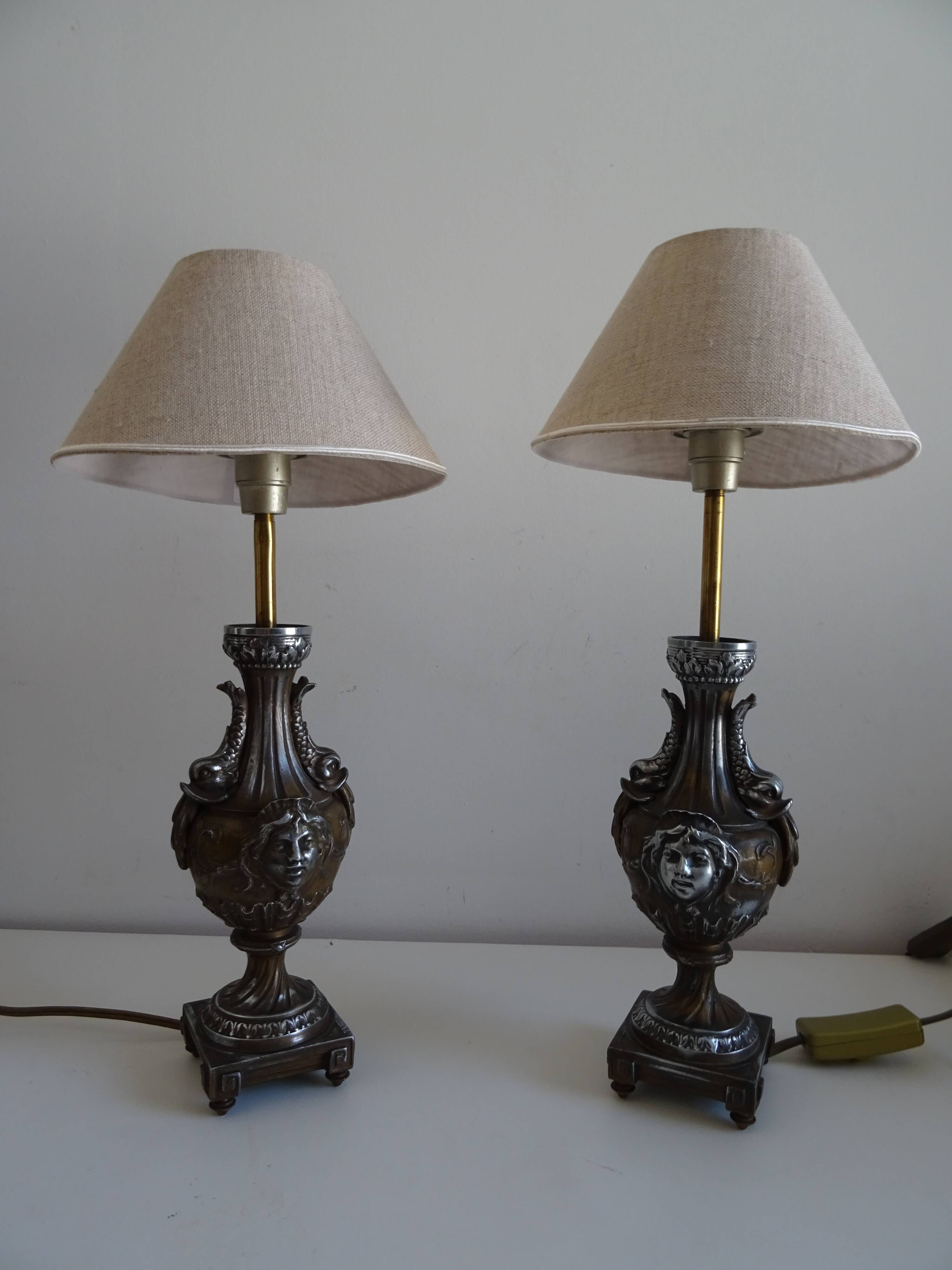 Pair of Louis XVI style lion and cherub decoration lamps