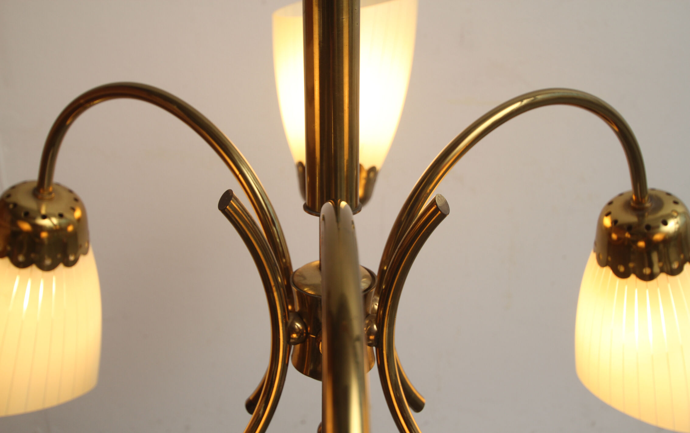 1950s chandelier in brass and glass