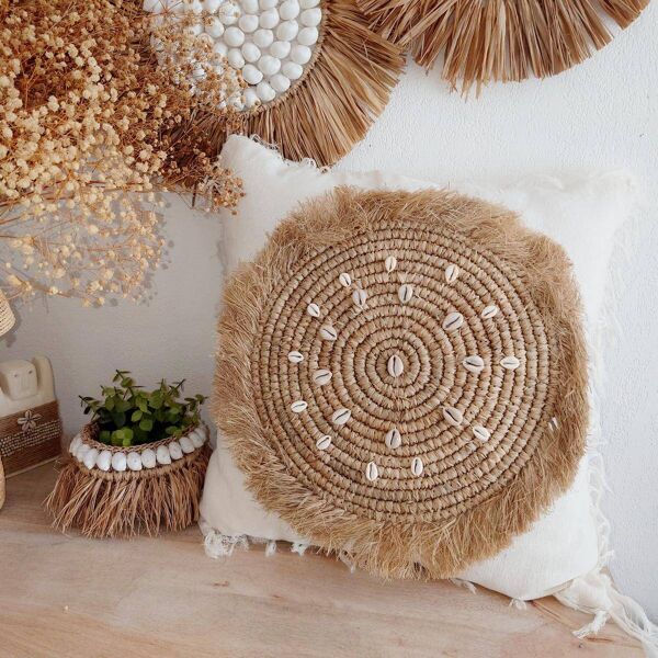Housse de Coussin Brise coton, raphia, coquillages 50x50 cm