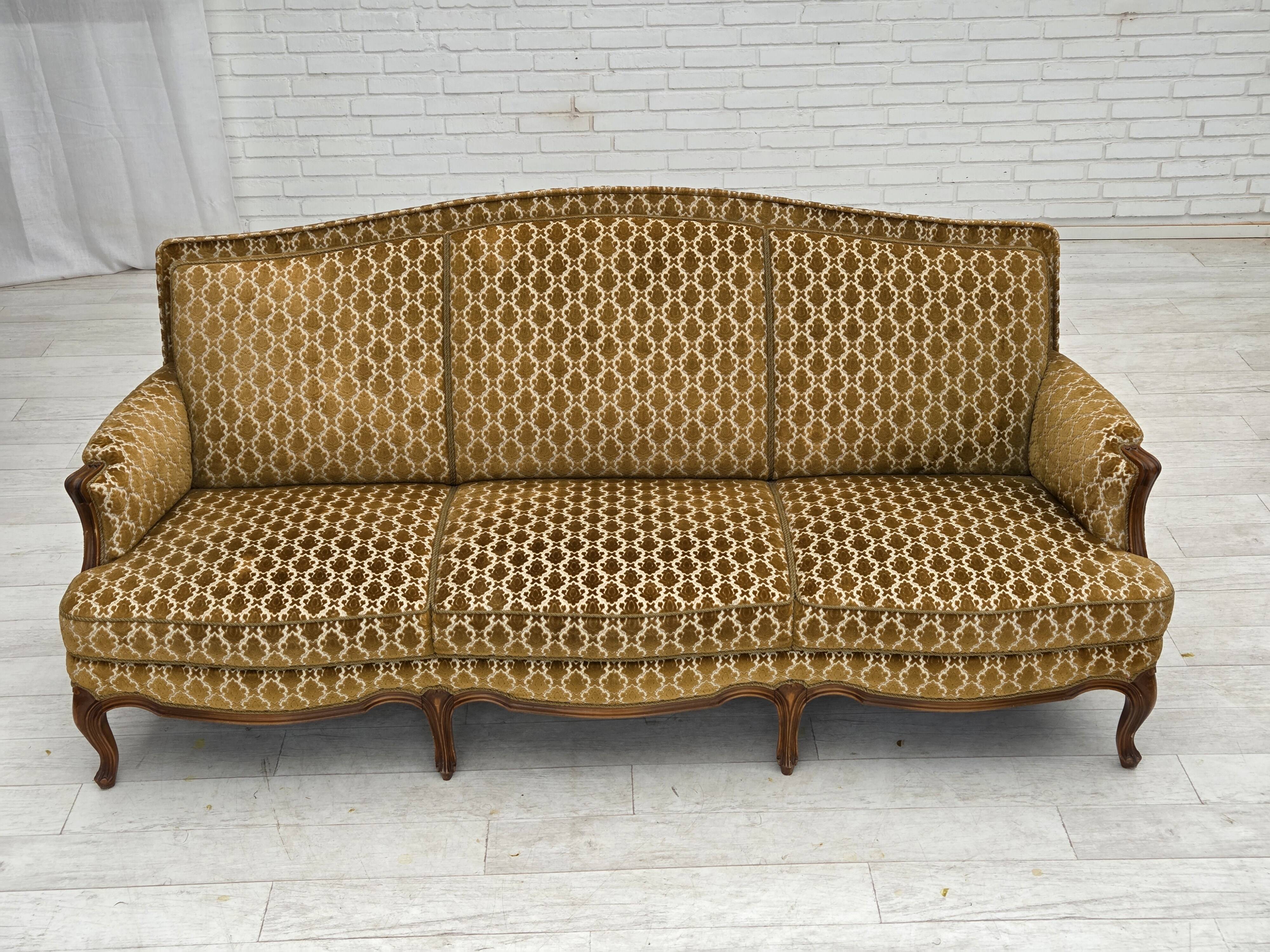 1950s, Danish 3-seater sofa, furniture velour, carved ash wood.