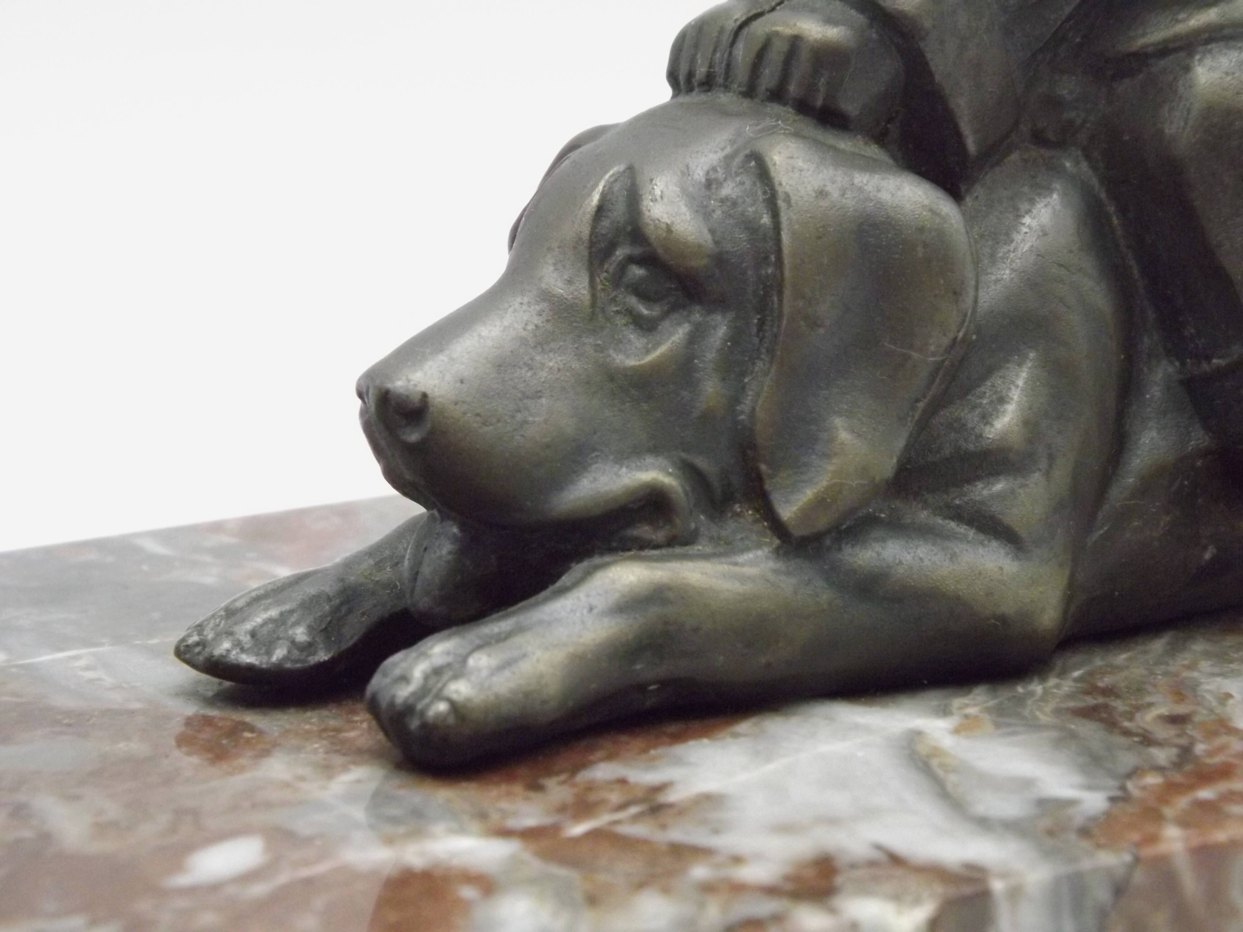 French Art Deco Table Lamp Vintage Dog & Child Figure Opaline Glass Shade
