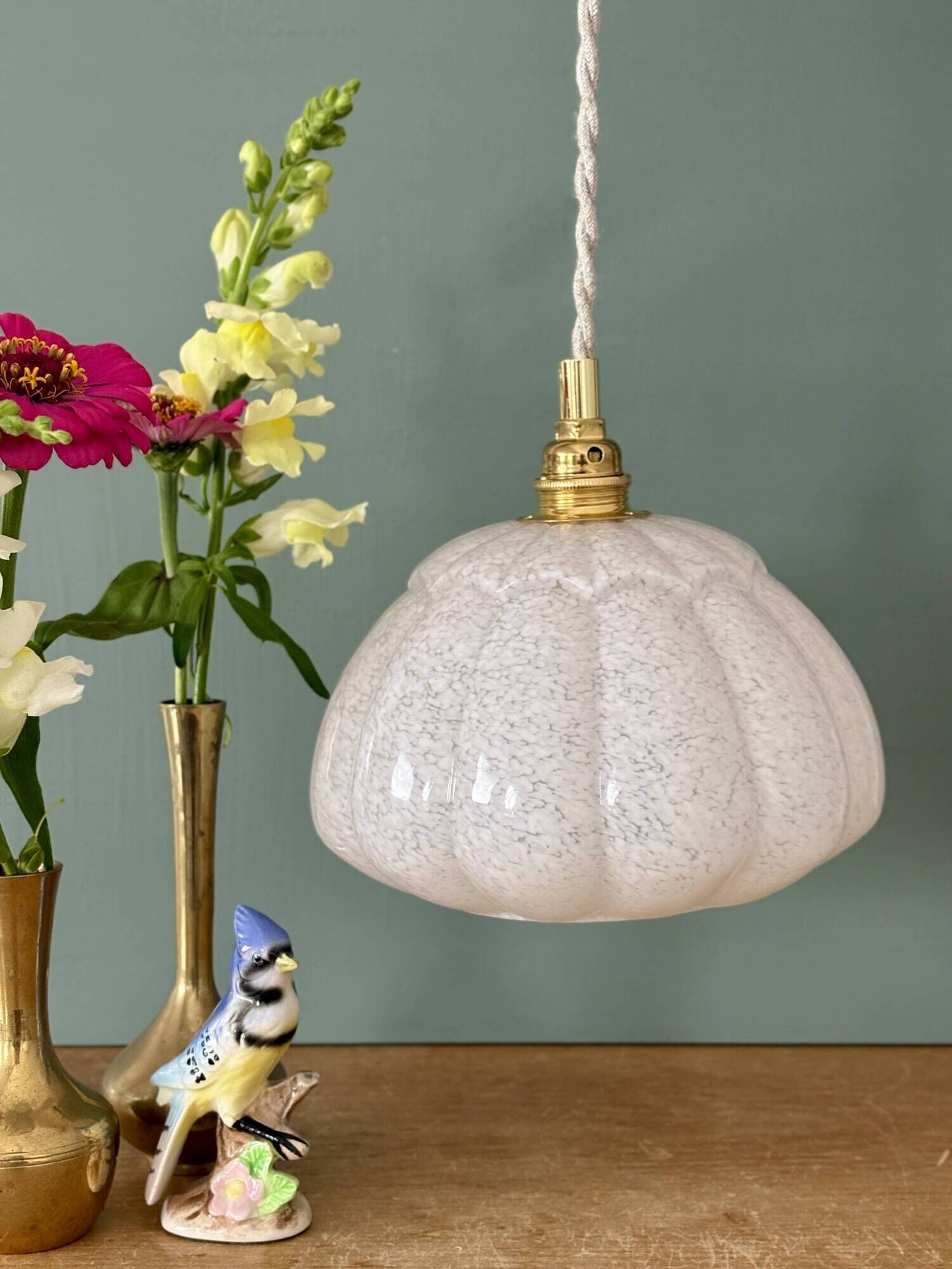 Vintage glass pendant light from Clichy in white.