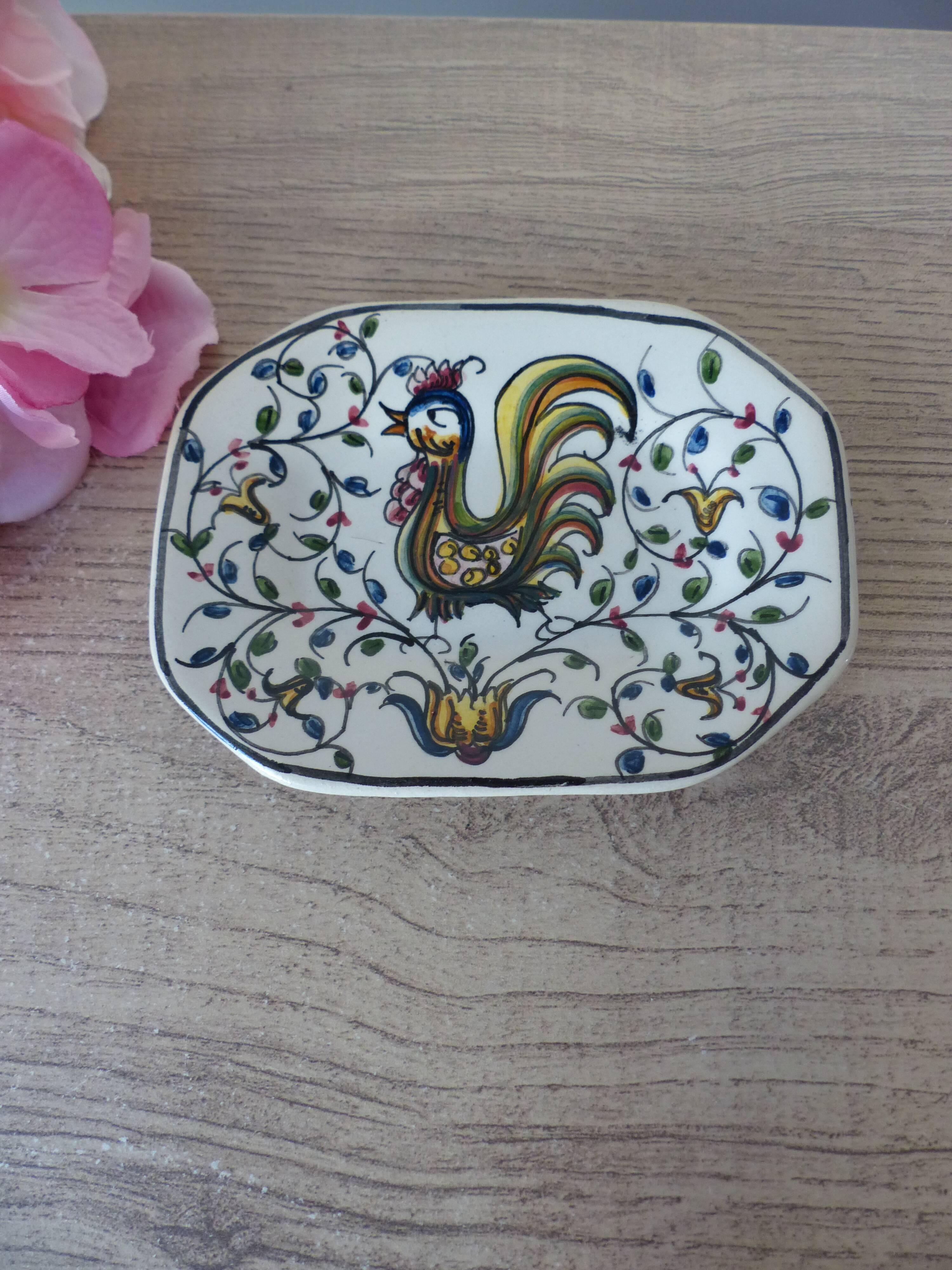 Antique small ceramic pocket emptier with Almeida rooster motif, signed and hand-painted