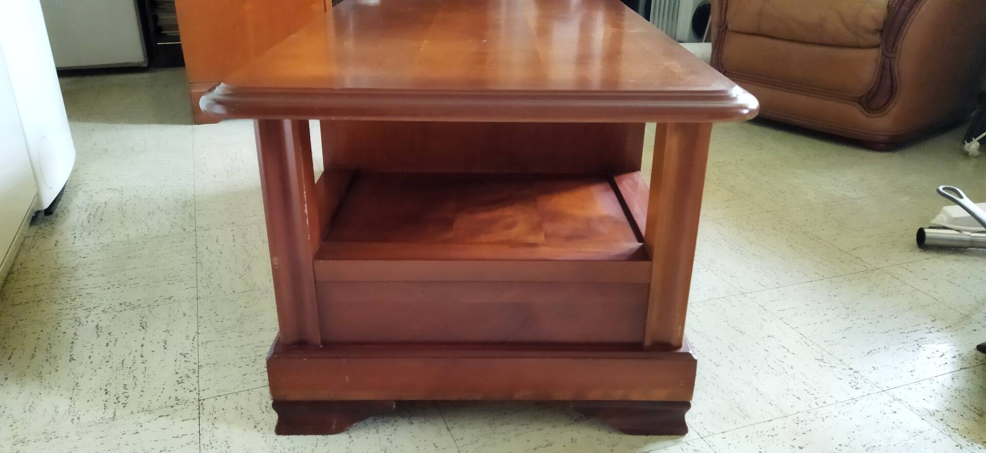 Louis Philippe style coffee table in cherry wood with large drawers.