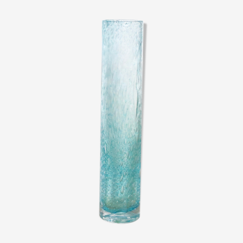 Vase cylindrique bleu en verre bullé de Biot, années 70