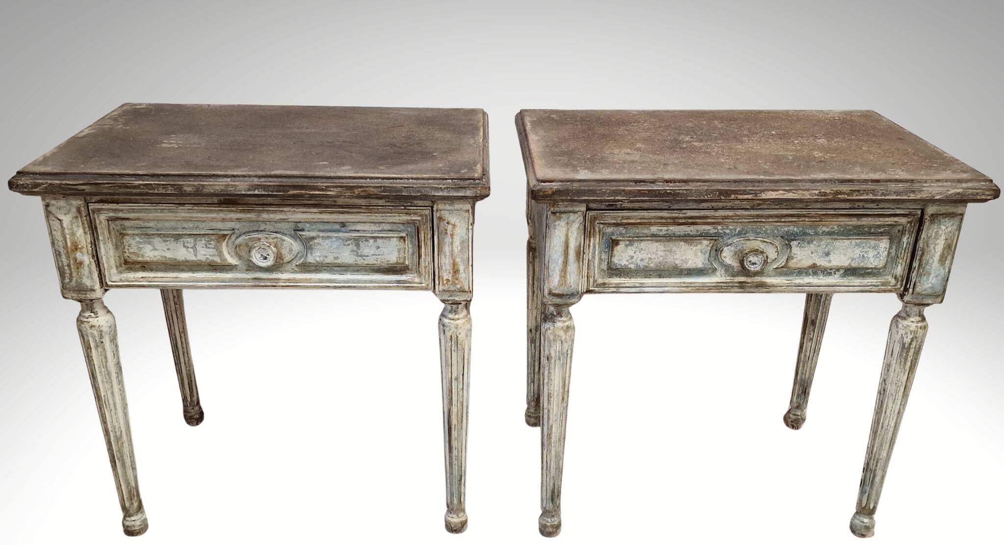 Pair of Louis XVI style bedside tables with patina