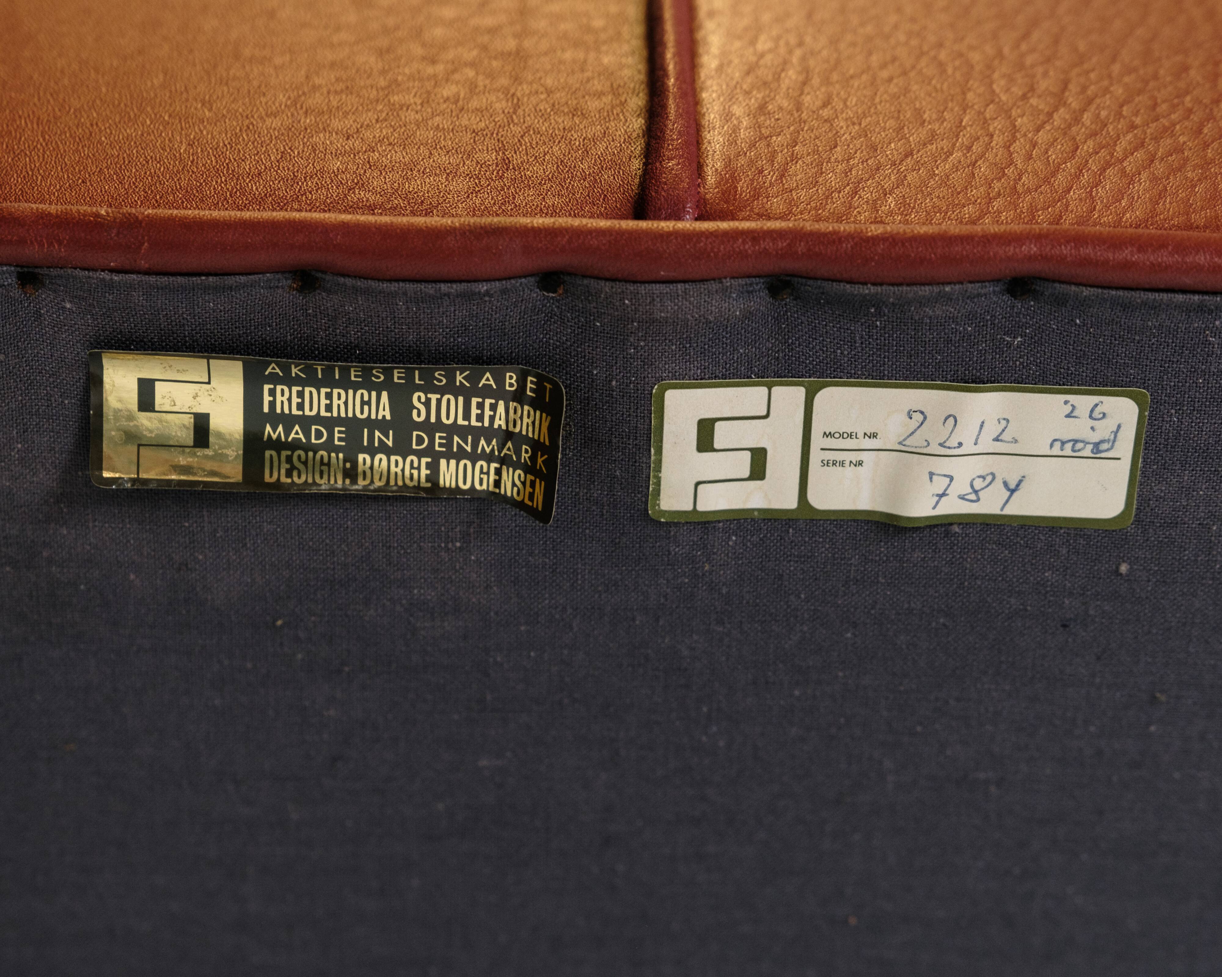 2 . Person Sofa Model 2212 Made In Red Leather & Oak Frame By Børge Mogensen From 1960s