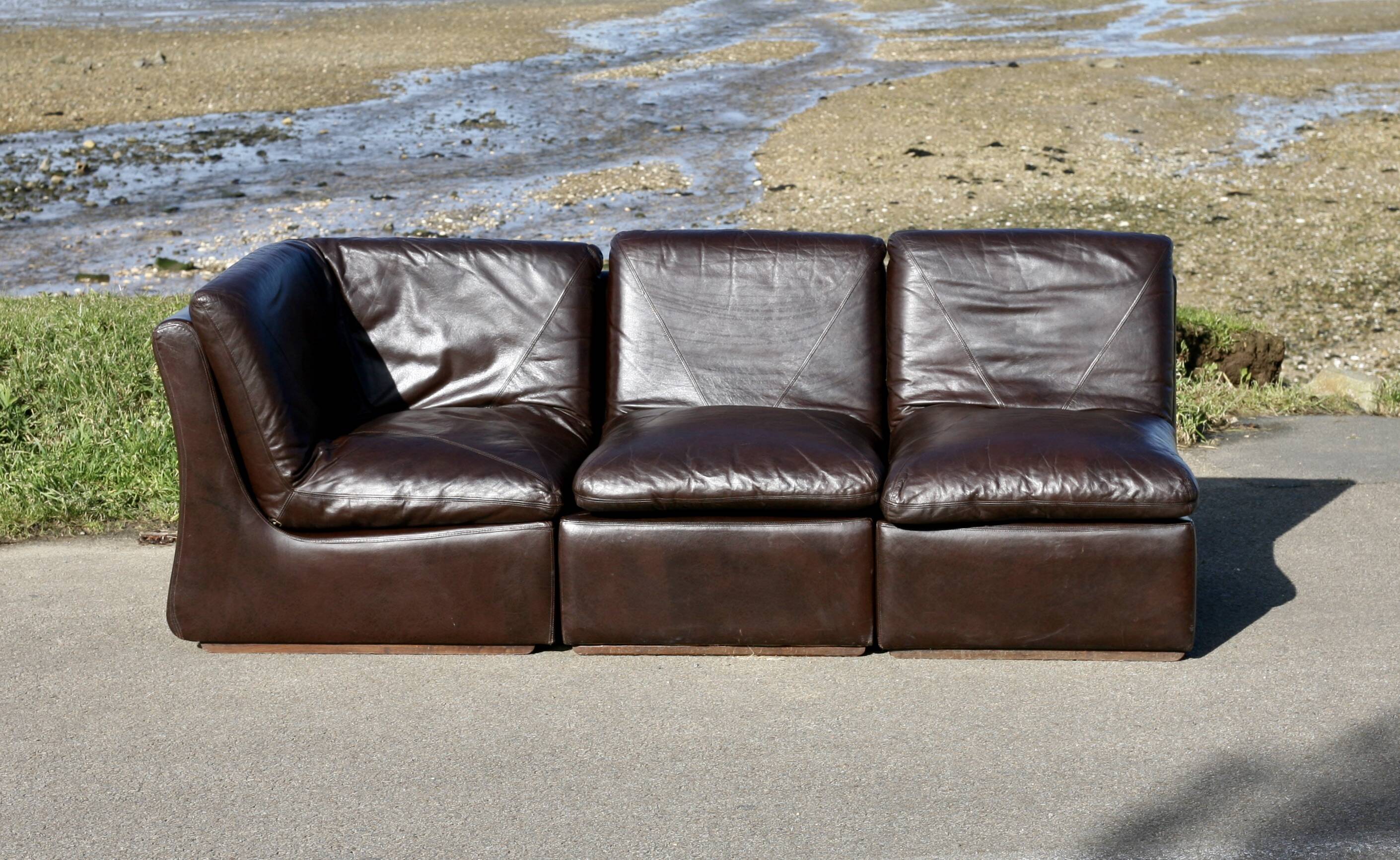 Modular sofa made up of 3 leather armchairs. Circa 1970