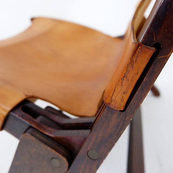 Mid century leather and wood folding armchair, 1950s