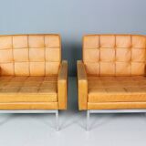 Set of two cognac leather Florence Knoll lounge chairs model 65a