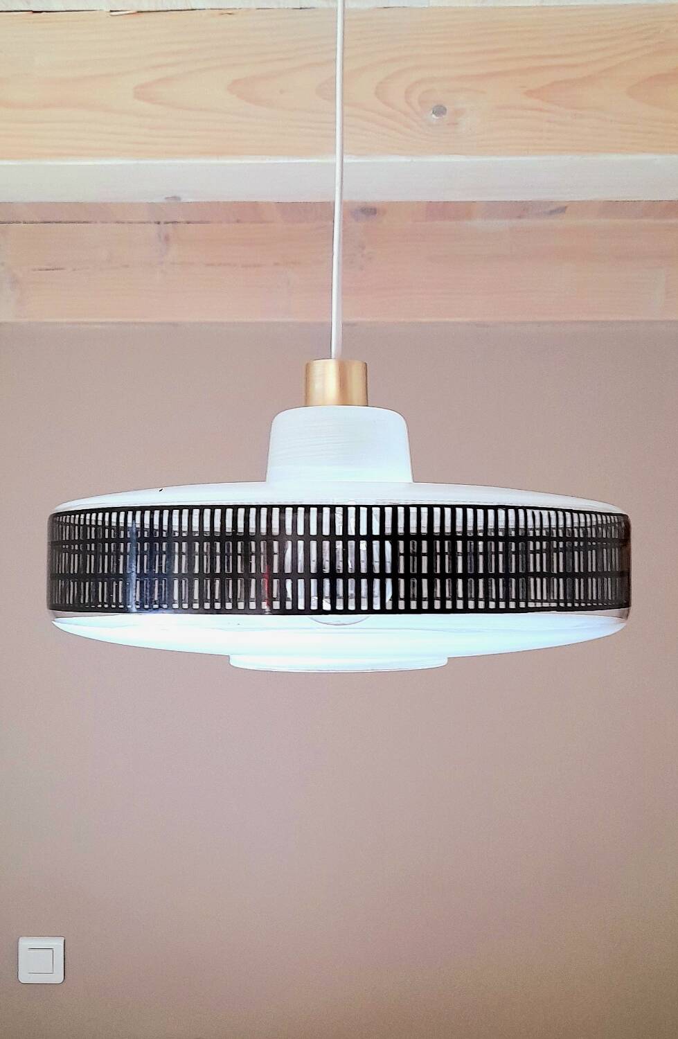 Silkscreened glass pendant light, 1950.