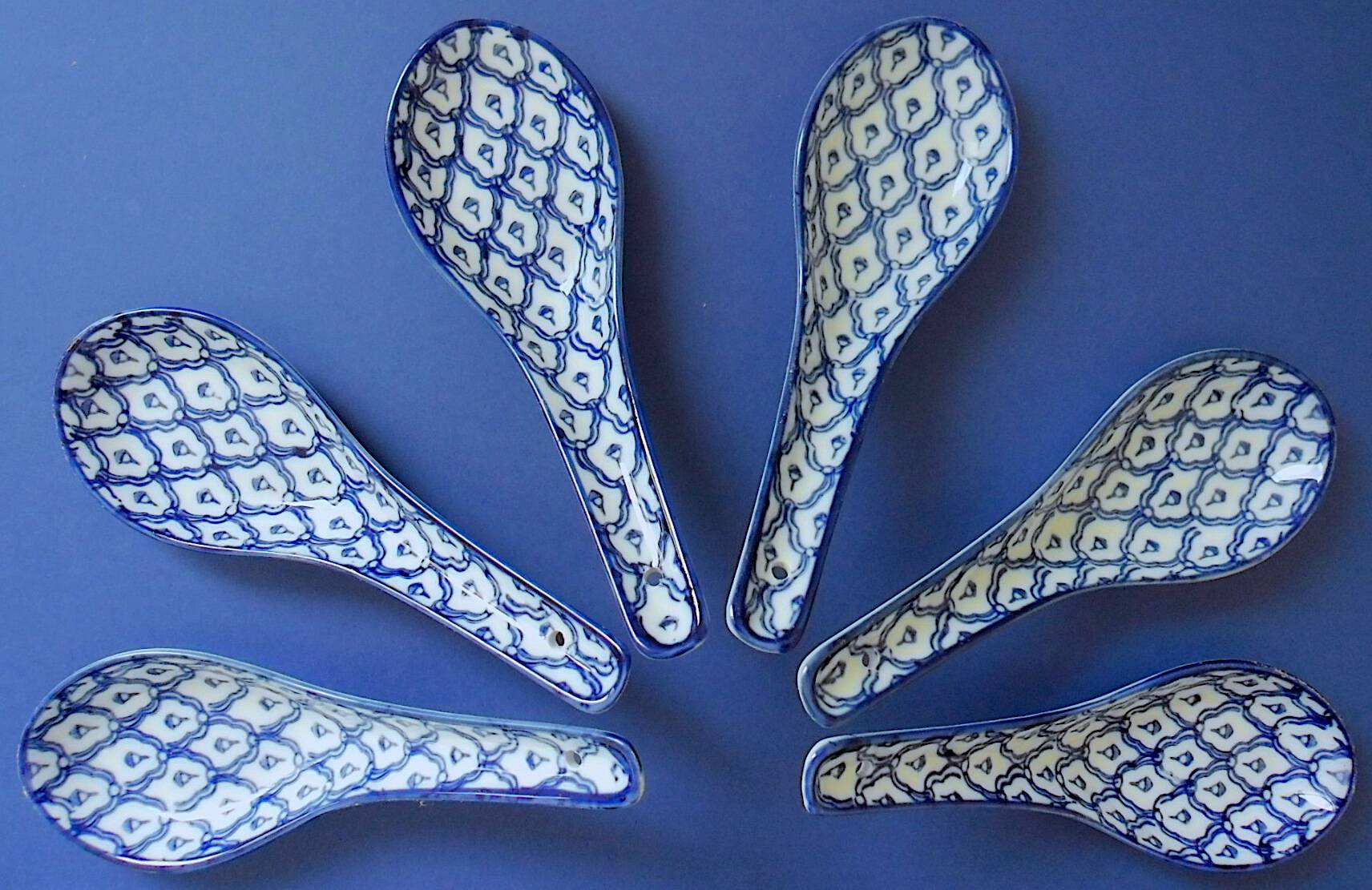 Set of six (6) soup spoons in white-blue porcelain from China