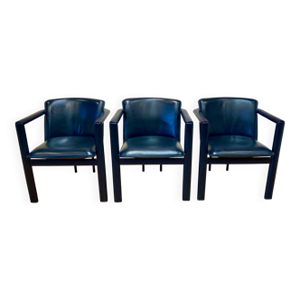 Set of 3 leather and metal armchairs.