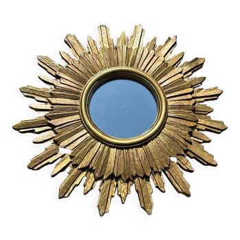 Vintage sun mirror 1960 in patinated golden balsa