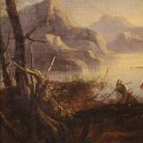 Antique landscape painting with men-at-arms from the 17th century