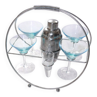 Complete vintage cocktail service – shaker, jigger, and 4 martini glasses.