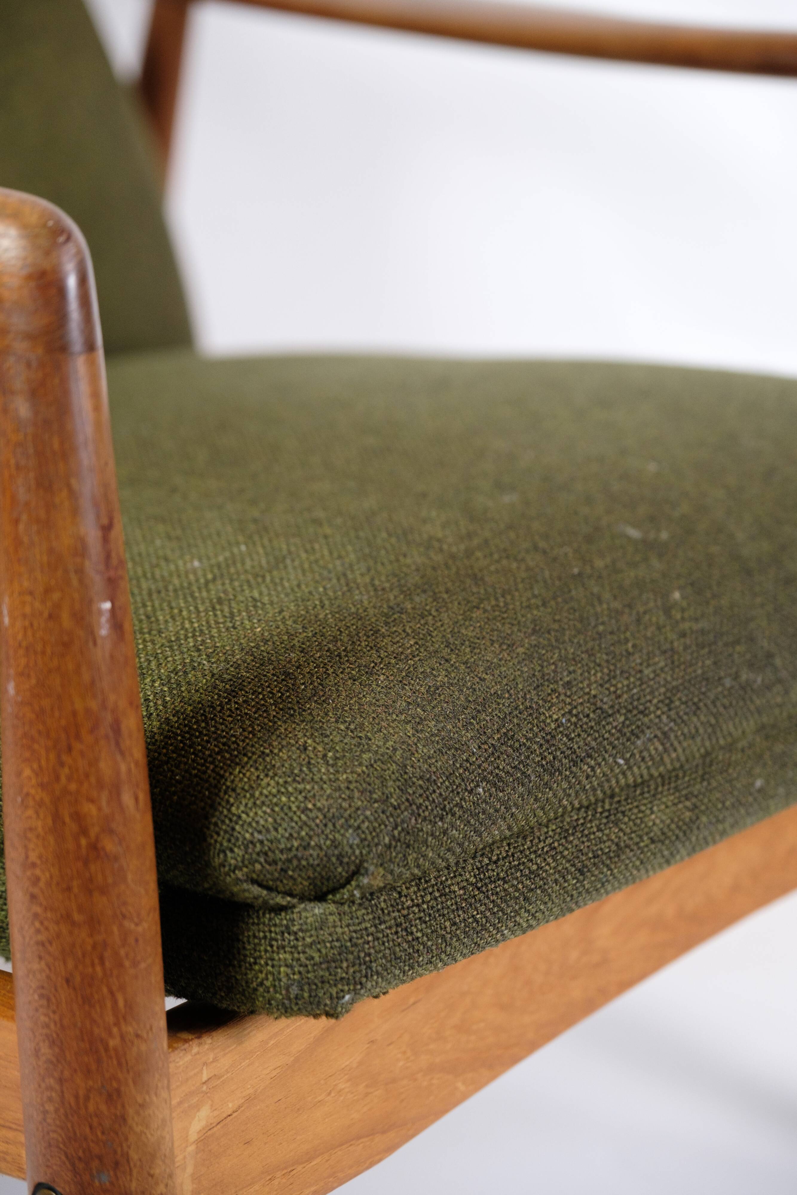 Set Of 2 Armchairs With Stool Made In Green Fabric & Teak By Alf Svensson For Fritz Hansen From 1960