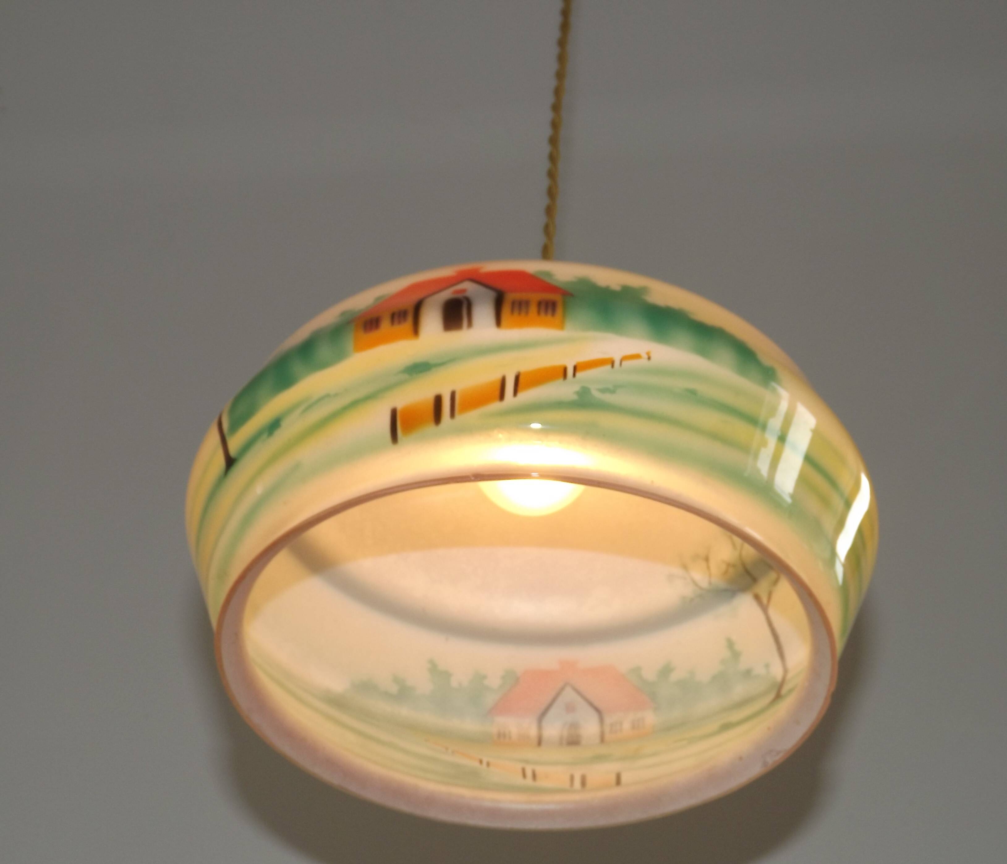 French Art Deco Pink & Cream Pendant Light with House and Tree Design