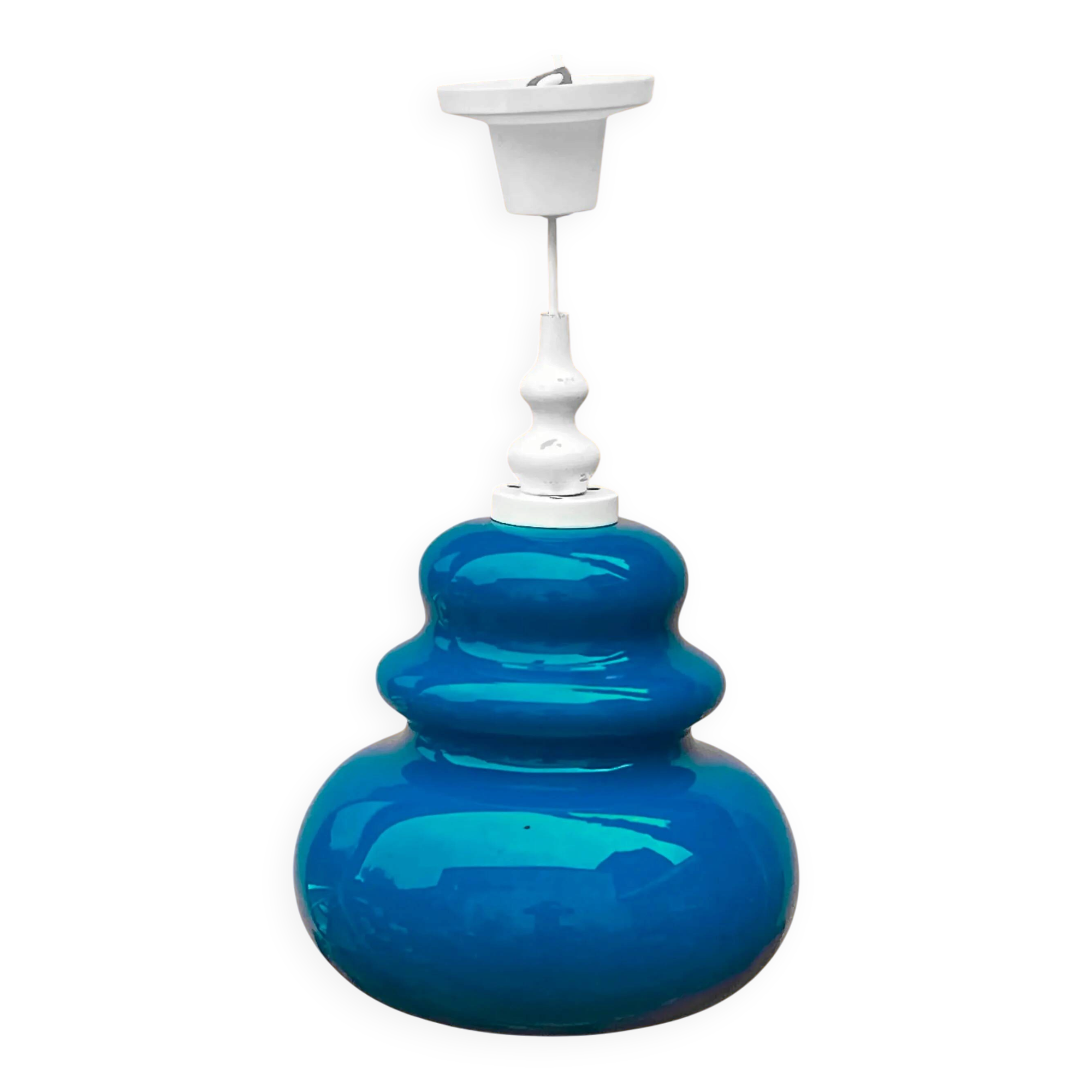 Turquoise glass and painted white wood pendant – 1970s