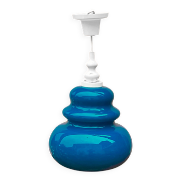 Suspension en verre bleu turquoise et bois peint blanc – années 70