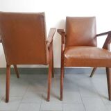 PAIR OF VINTAGE 1950 BRIDGE ARMCHAIRS WITH COMPASS LEGS IN OAK & SIMILAR LEATHER HAV