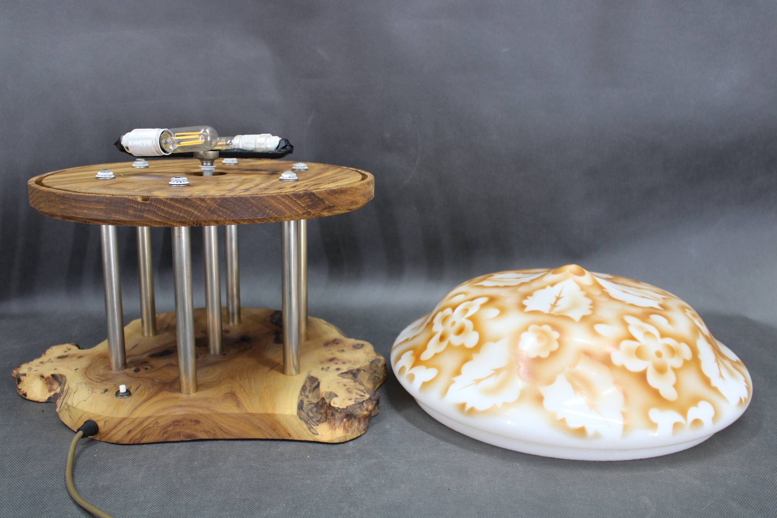 Contemporary Unique Wooden Table Lamp with Glass Shade