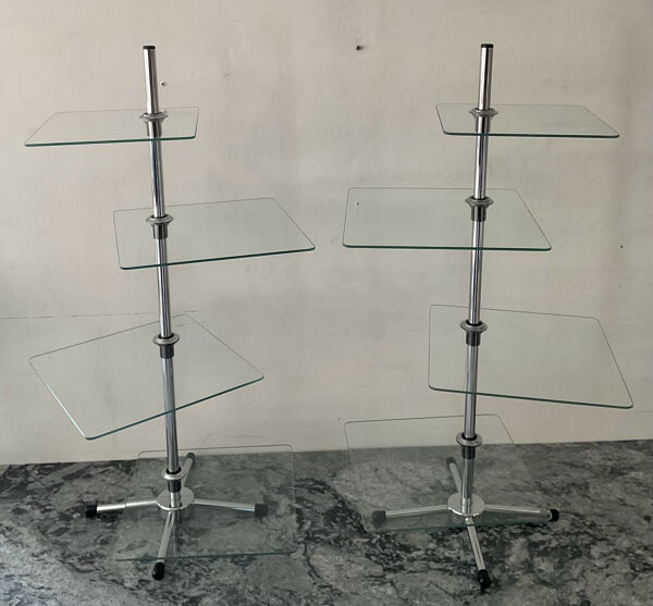 Duo de tables d’appoint vintage en verre et métal chromé