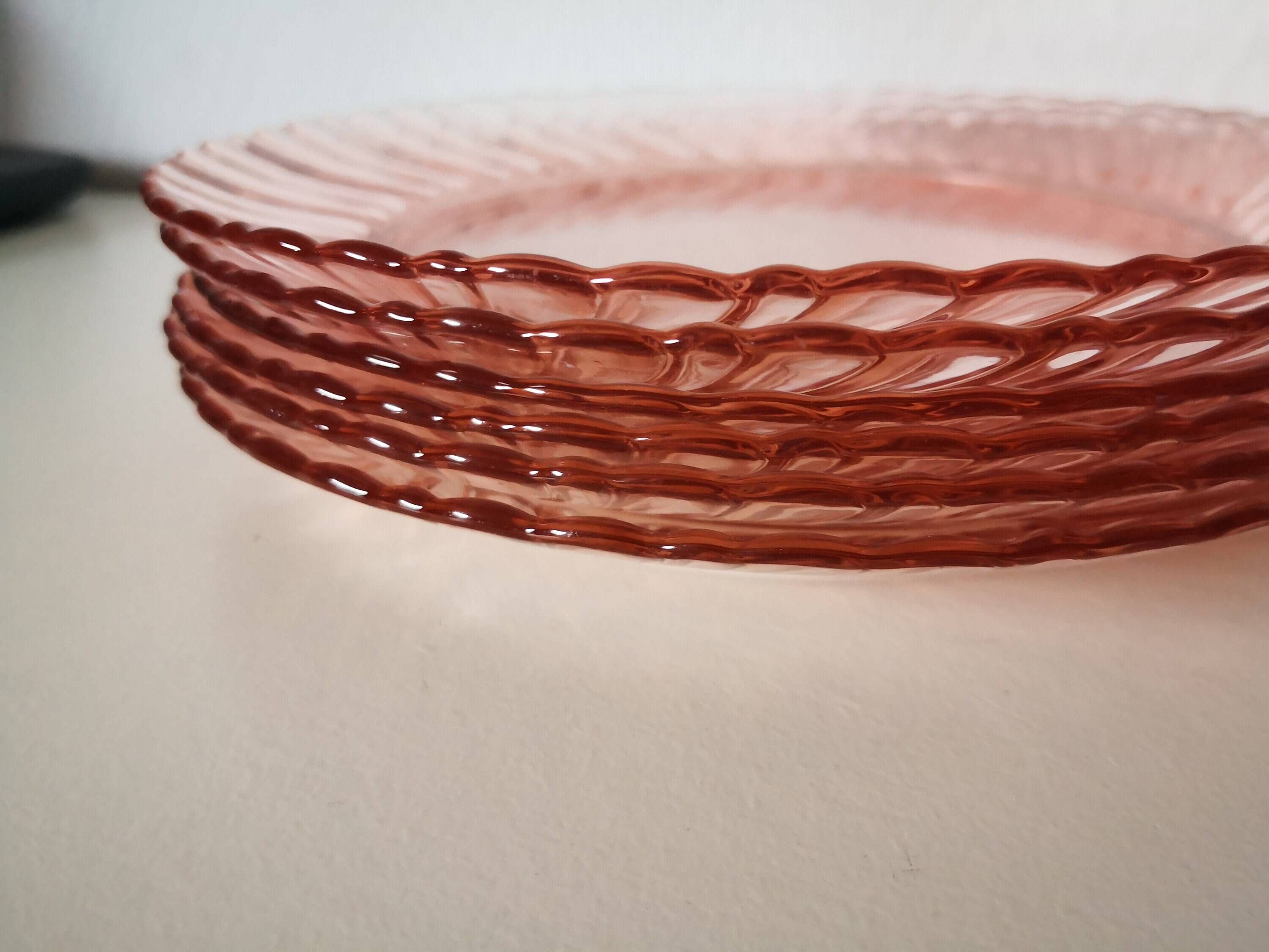 set of 6 Rosaline dessert plates in pink swirl glass