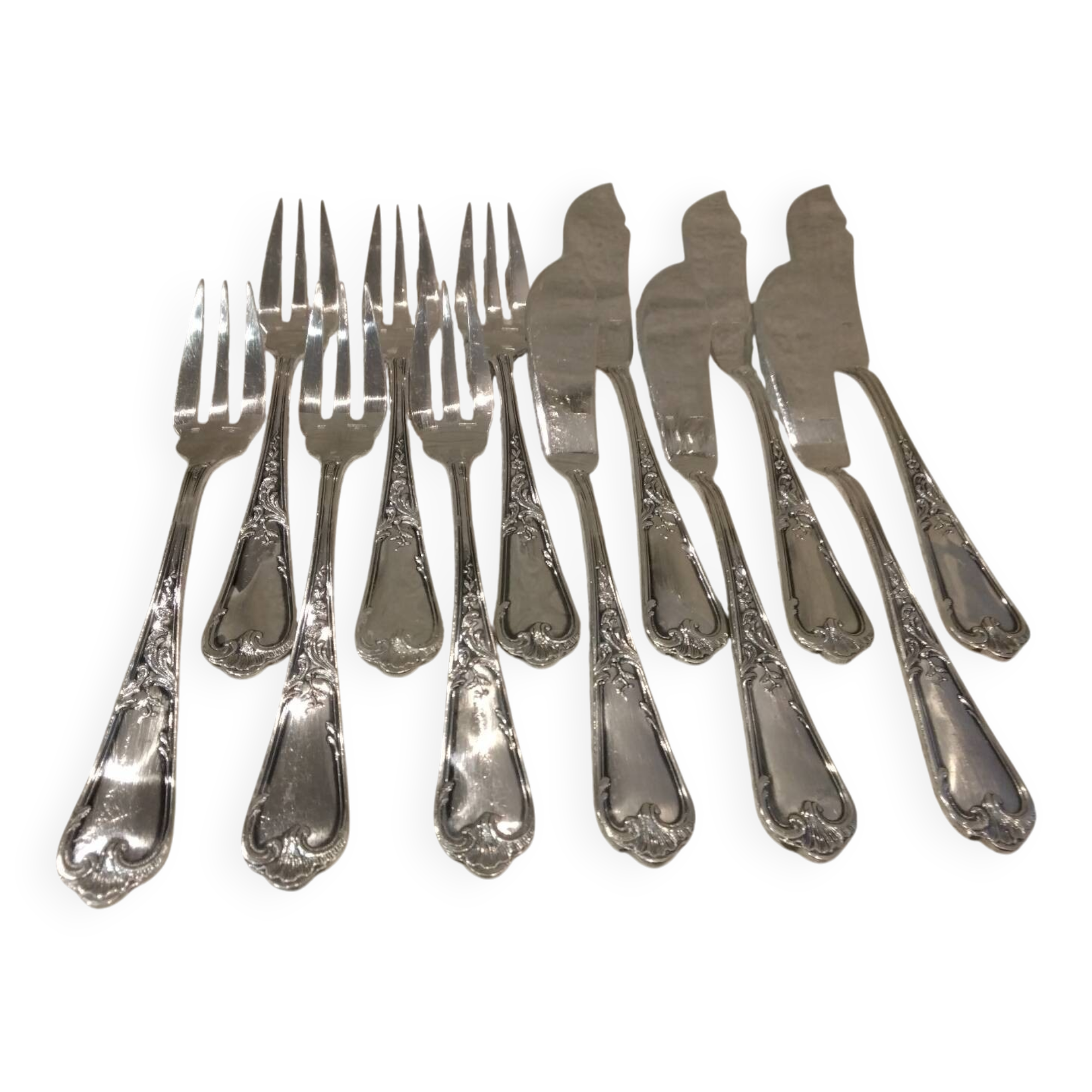 6 forks, 6 fish knives, silver-plated metal, silversmith Ercuis LXV 29