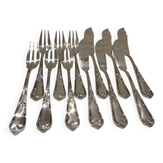 6 forks, 6 fish knives, silver-plated metal, silversmith Ercuis LXV 29