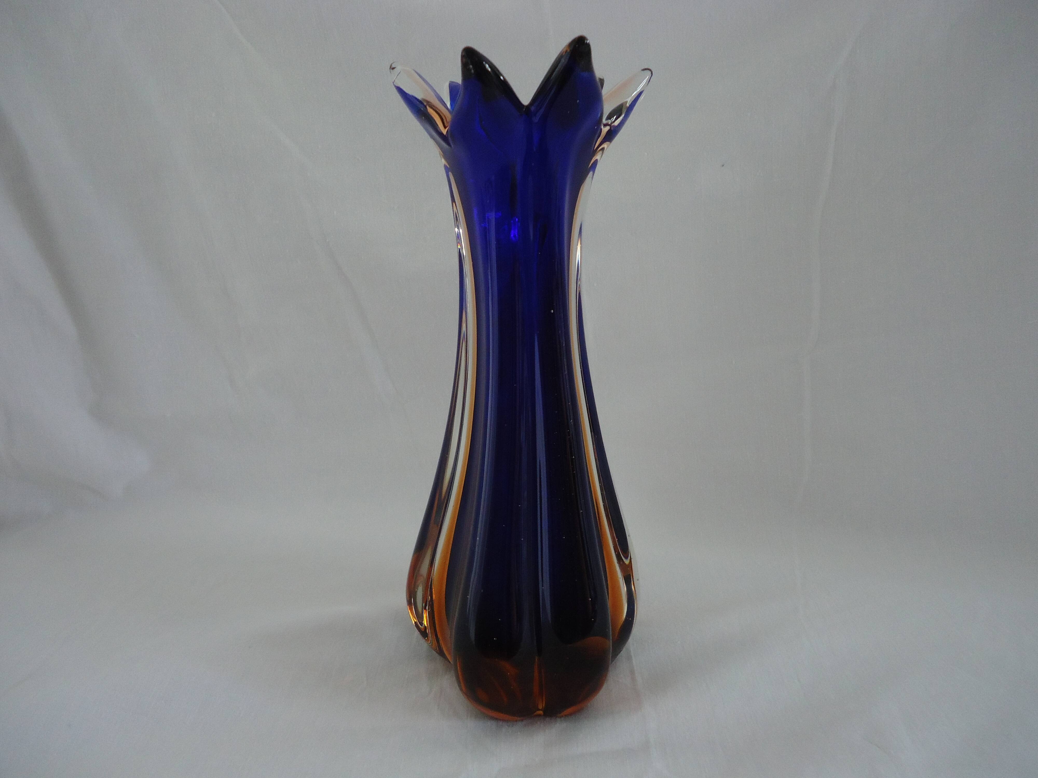 Vintage cobalt blue and amber blown glass vase in Murano style.