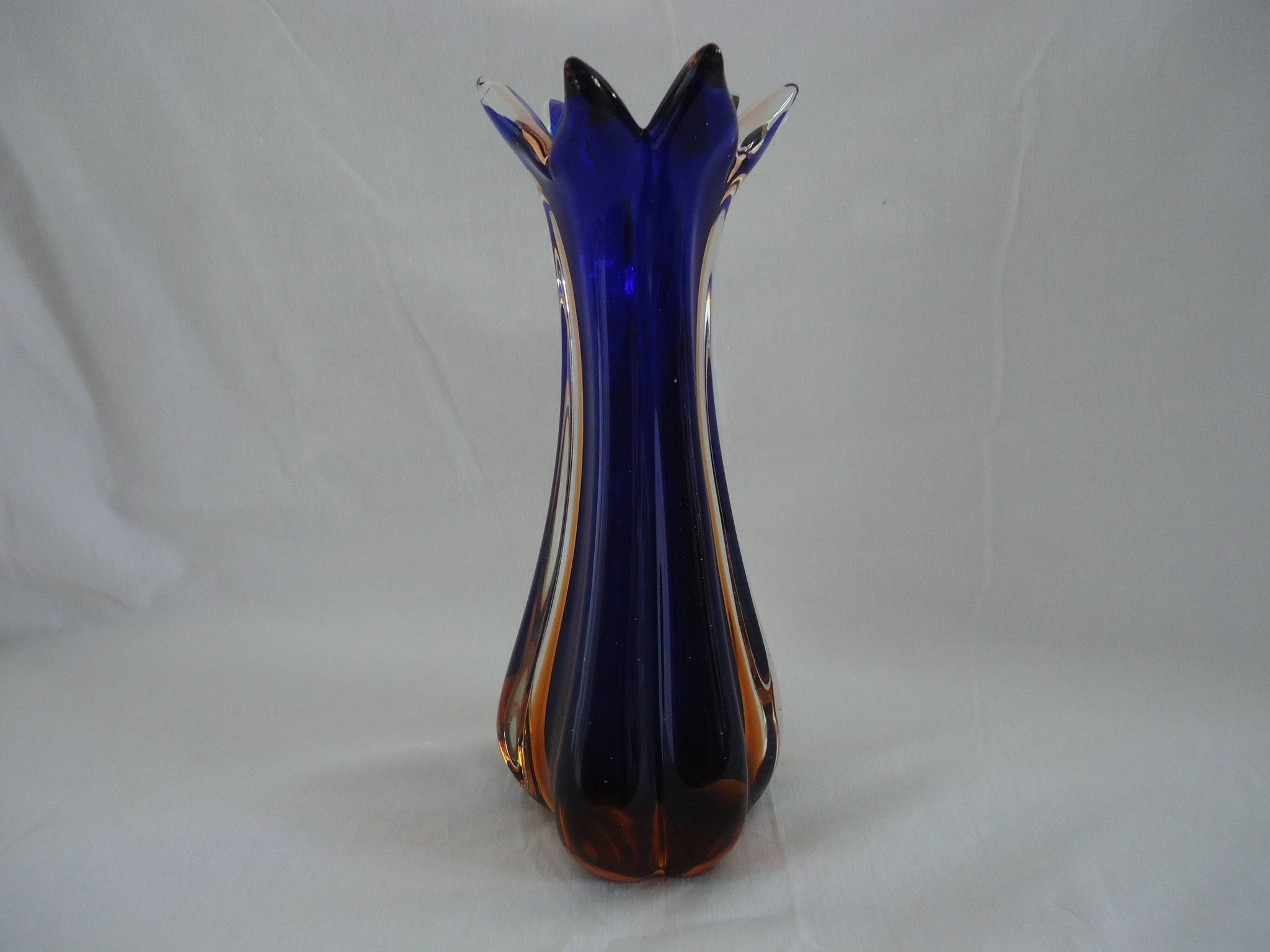 Vintage cobalt blue and amber blown glass vase in Murano style.
