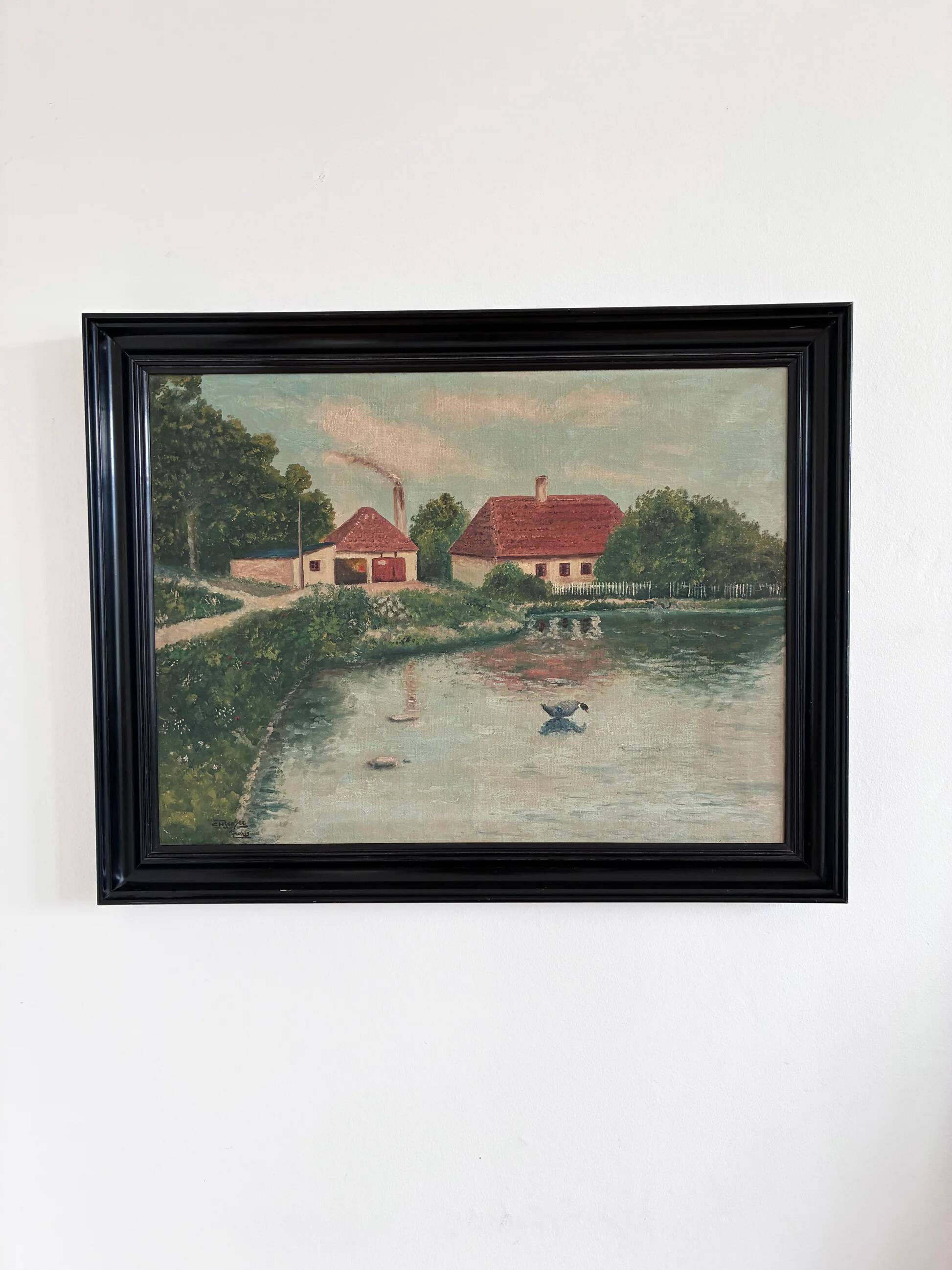 Vintage original landscape oil painting, signed farmhouse art