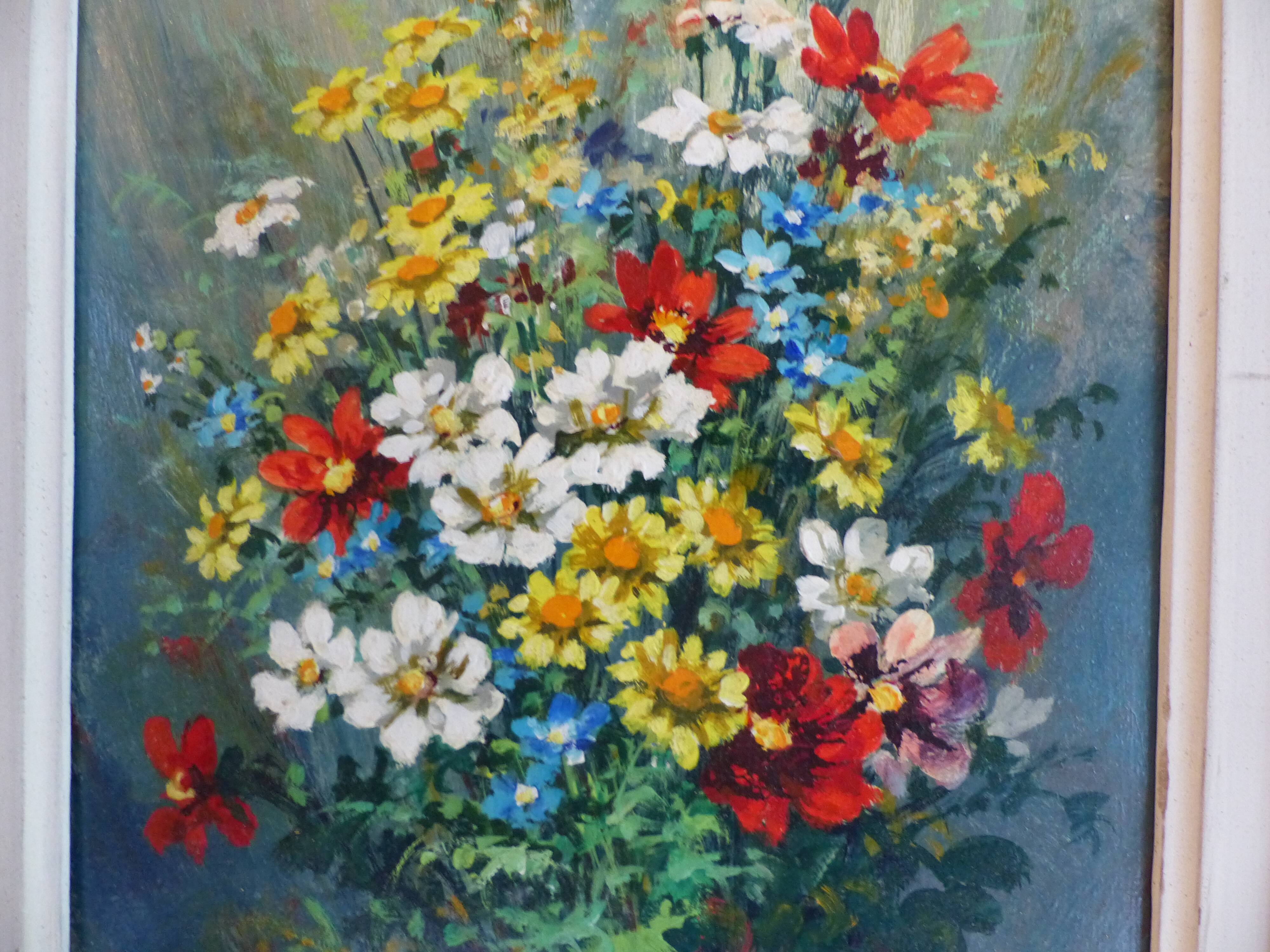 Tableau bouquet de fleurs, huile sur isorel