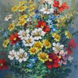 Table bouquet of flowers, oil on isorel