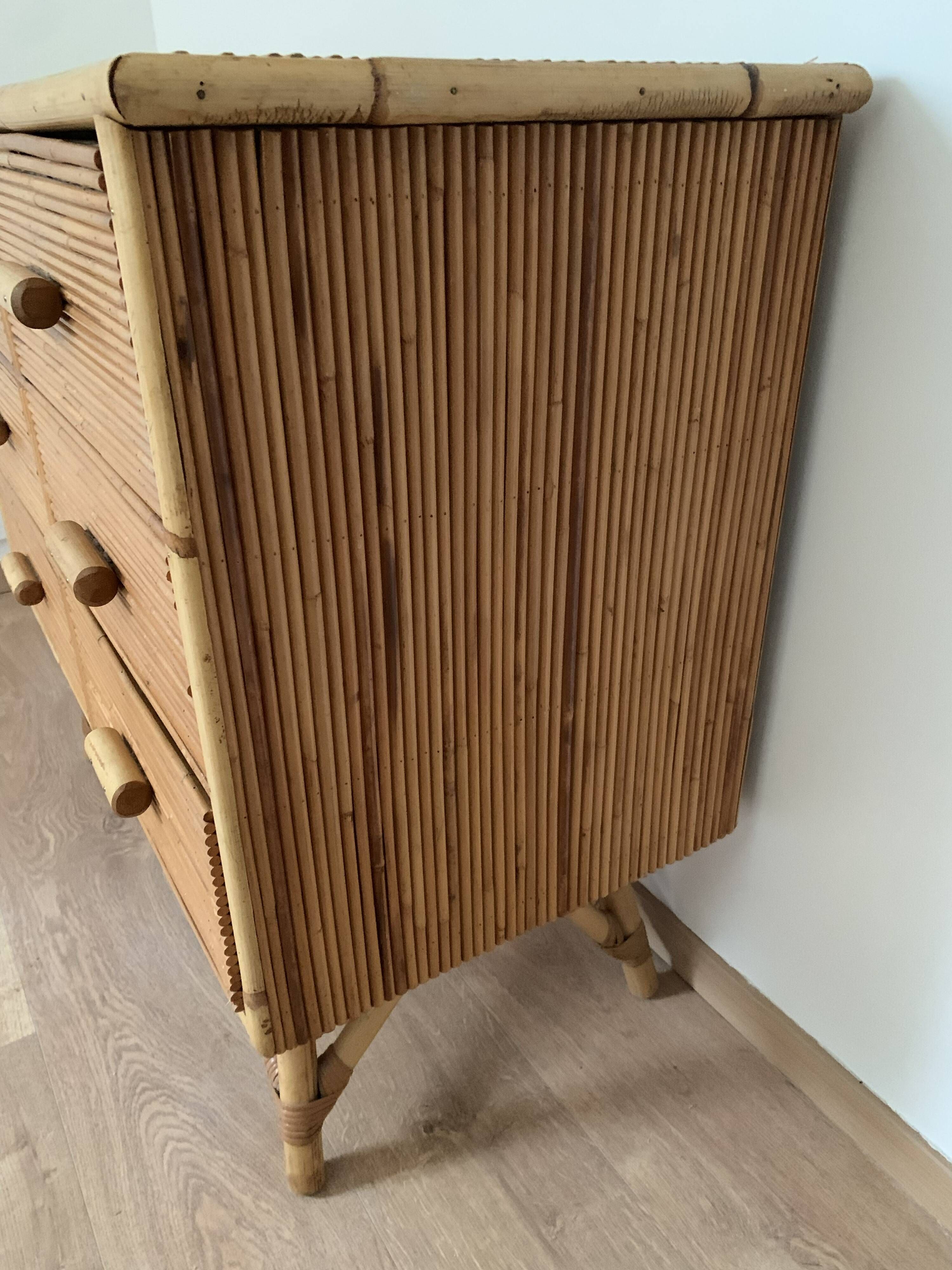 3-drawer rattan/bamboo chest of drawers attributed to Adrien Audoux and Frida Minnet. Circa 1950