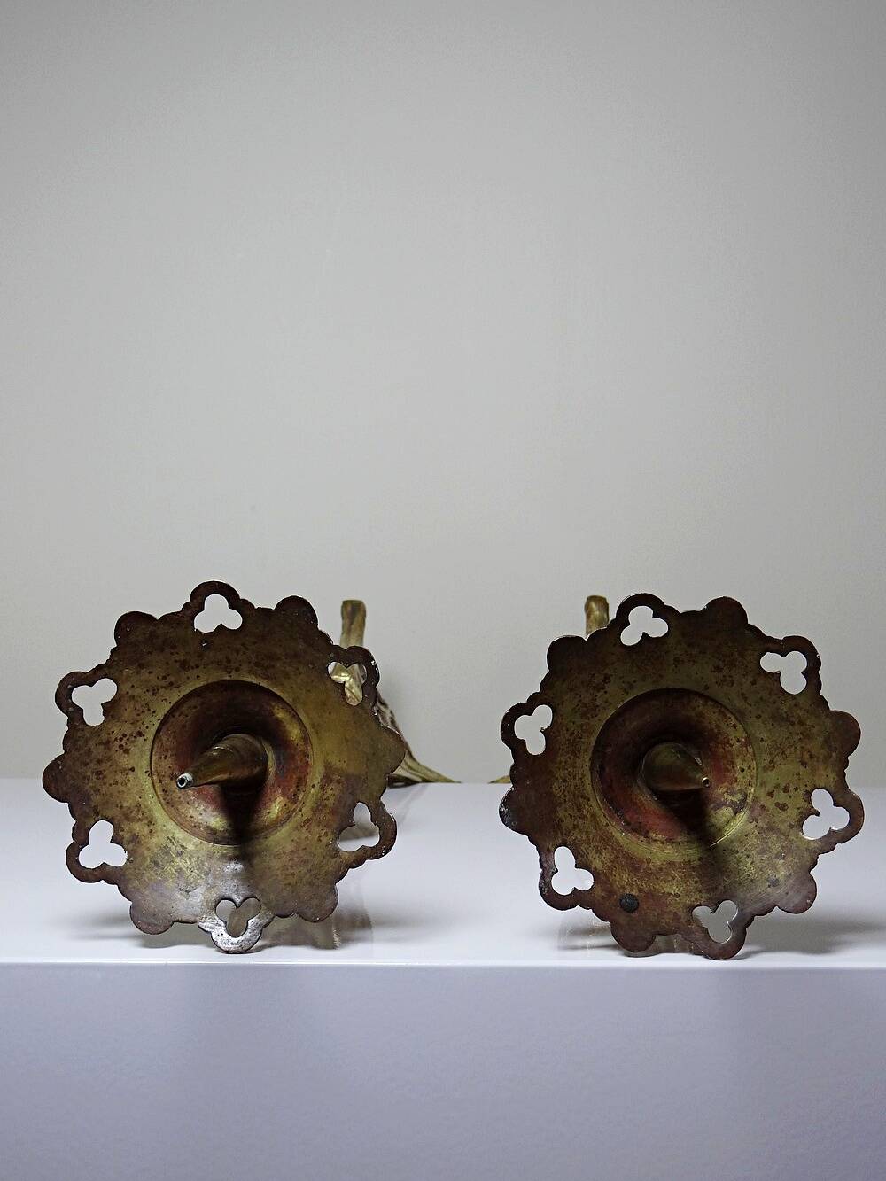 Large pair of antique gilded bronze candlesticks, Gothic style from the 19th century.