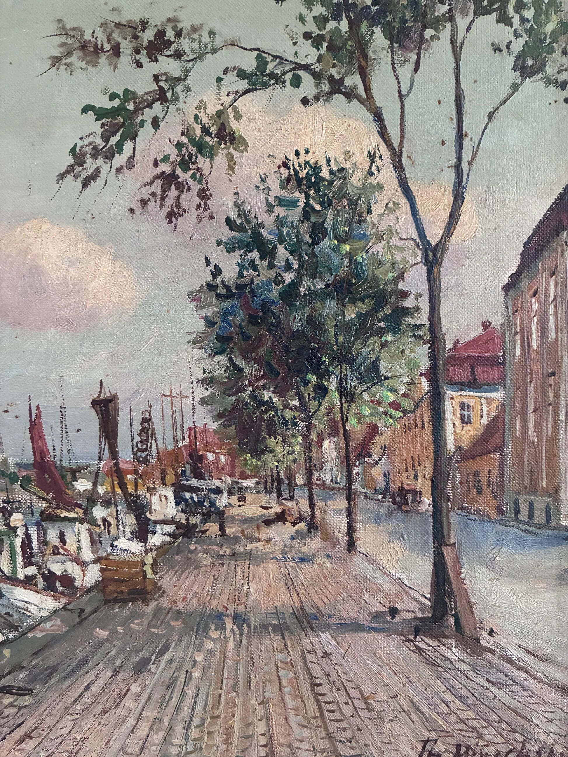 Vintage original Scandinavian harbor oil painting