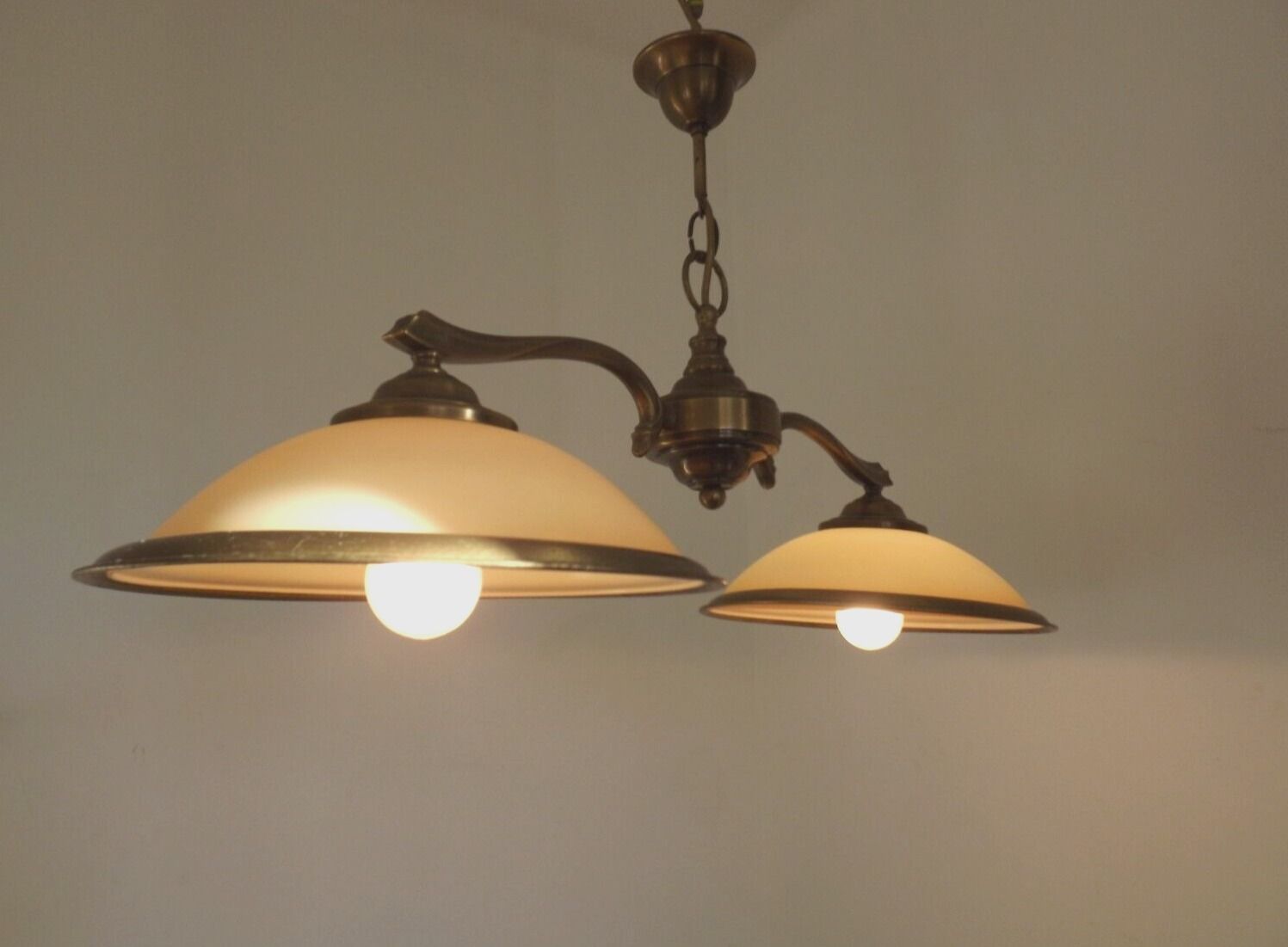French Mid Century Bronze Billiard Light 2 Cream Amber Round Glass Shades 3921