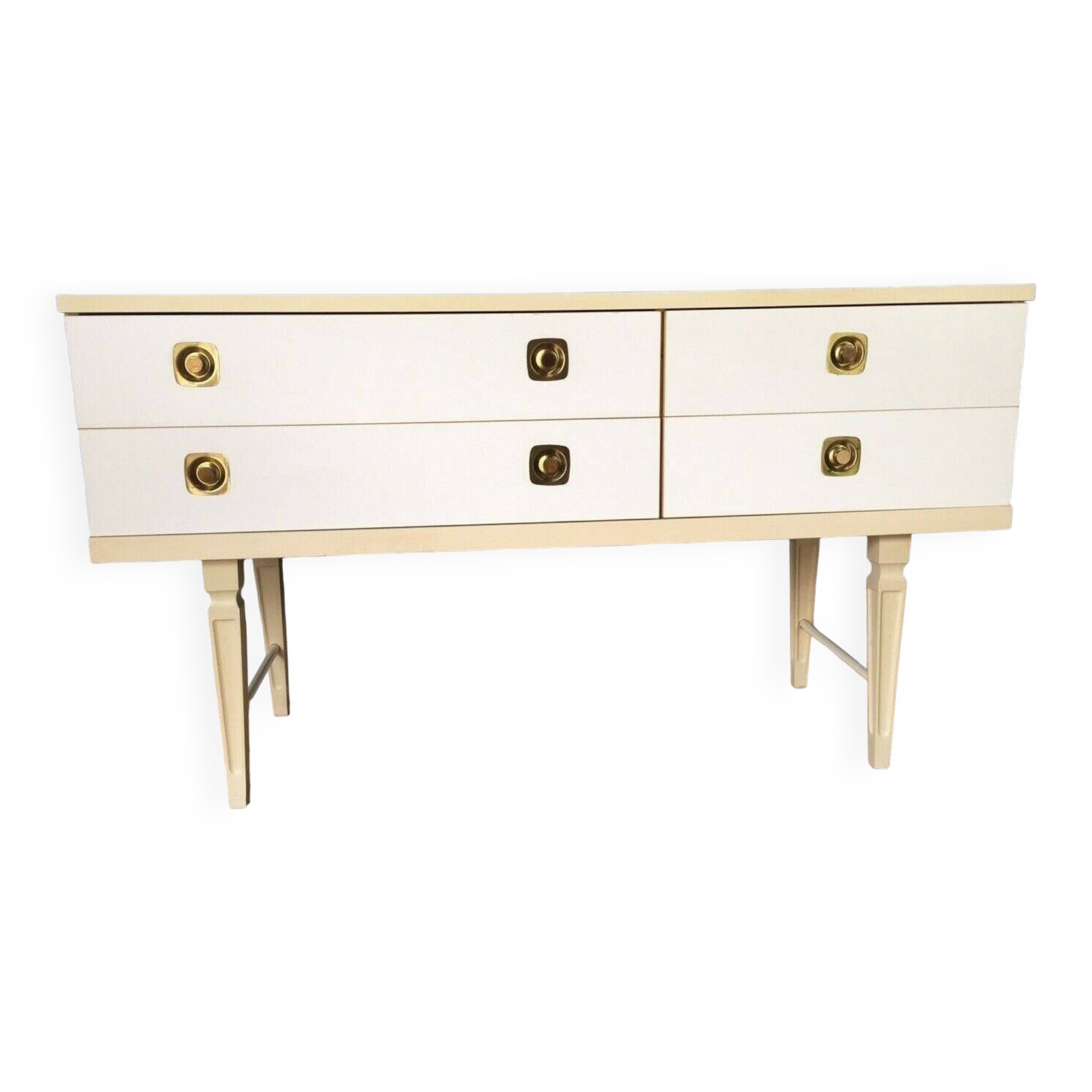 White retro wooden commode in Mid-Century style, tapered legs and gold handles (1960s)