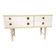 White retro wooden commode in Mid-Century style, tapered legs and gold handles (1960s)