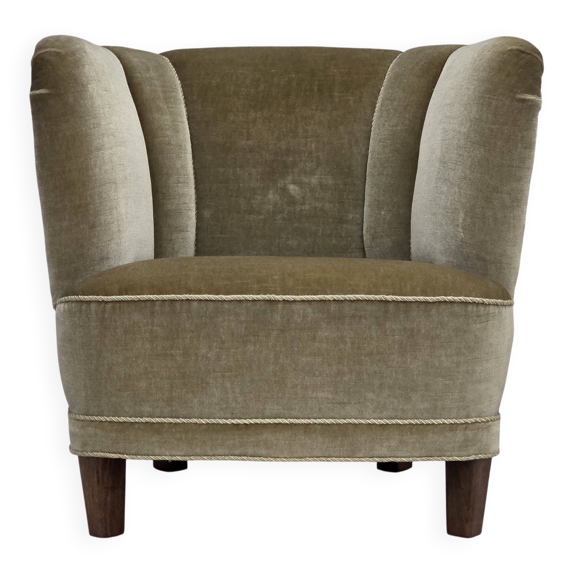 1970s, Danish armchair, original green furniture velour, oak wood.