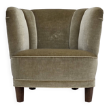 1970s, Danish armchair, original green furniture velour, oak wood.