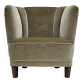 Fauteuil danois des années 1970, revêtement d'origine en velours vert, bois de chêne.